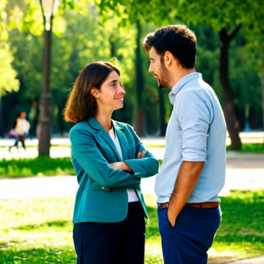 Empathetic Dialogue**
"Two individuals engaged in heartfelt conversation outdoors in a sunny Madrid park, fully clothed, wearing casual but professional attire. One person actively listens while the other speaks, displaying open and understanding body language. Background includes lush greenery and distant city buildings, soft lighting. Safe for work, appropriate content, perfect anatomy, natural proportions, professional, modest, family-friendly."
**