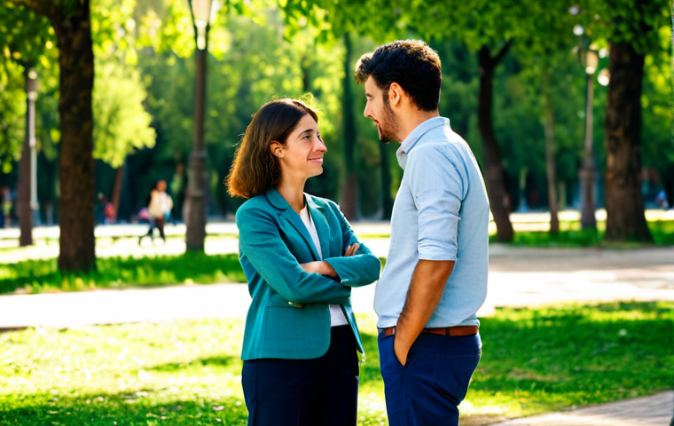 Empathetic Dialogue**
"Two individuals engaged in heartfelt conversation outdoors in a sunny Madrid park, fully clothed, wearing casual but professional attire. One person actively listens while the other speaks, displaying open and understanding body language. Background includes lush greenery and distant city buildings, soft lighting. Safe for work, appropriate content, perfect anatomy, natural proportions, professional, modest, family-friendly."
**