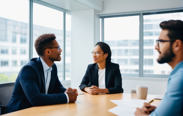 비폭력 커뮤니케이션을 통한 팀워크 향상 - **Prompt:** "A diverse team of professional adults in a brightly lit, modern office meeting room. Th...