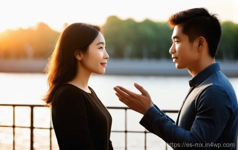 비폭력 커뮤니케이션 초보자 가이드 - **Prompt:** "Two diverse individuals, a man and a woman, stand gently facing each other with subtle,...