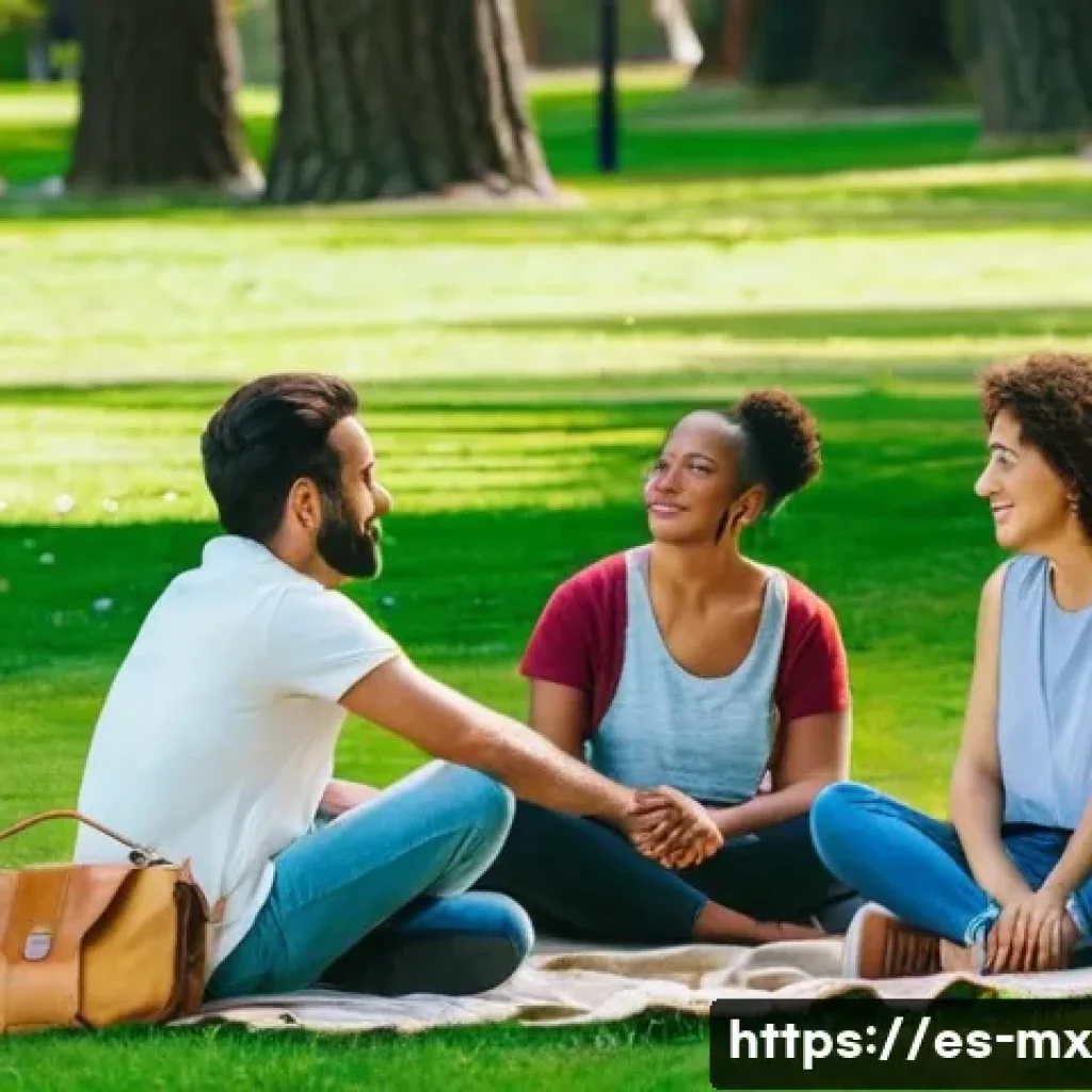 비폭력 커뮤니케이션과 갈등 예방 - **Prompt:** A group of diverse people sitting in a circle outdoors in a park. They are engaged in a ...