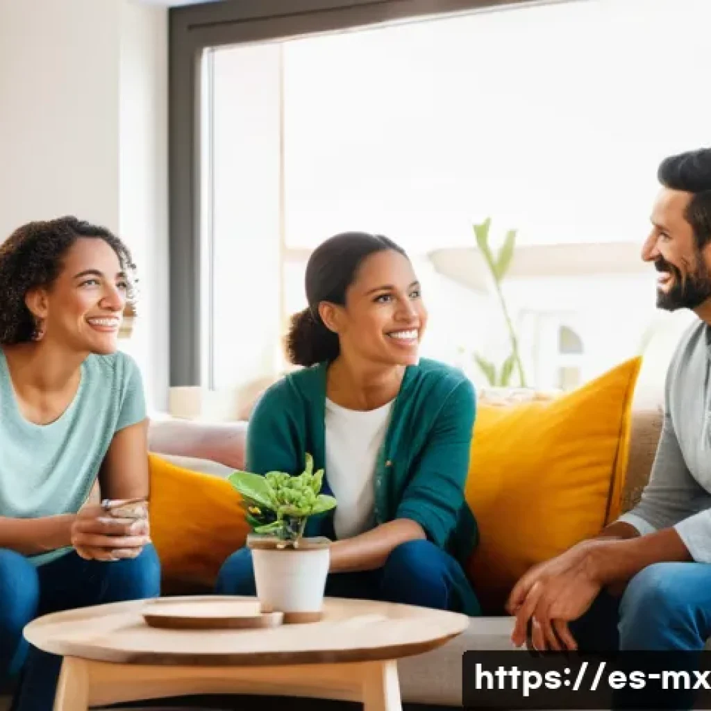 비폭력 커뮤니케이션을 통한 경험 공유 - A diverse Spanish-speaking family sitting together in a cozy living room, engaging in calm and empat...