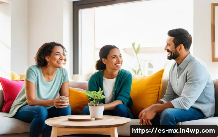 비폭력 커뮤니케이션을 통한 경험 공유 - A diverse Spanish-speaking family sitting together in a cozy living room, engaging in calm and empat...