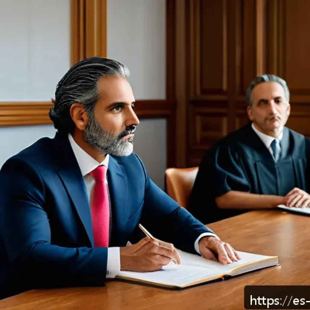 비폭력 커뮤니케이션의 법적 측면 - A professional mediation session in a modern Spanish courtroom setting, featuring a diverse group of...