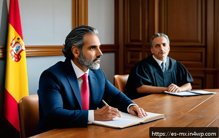 비폭력 커뮤니케이션의 법적 측면 - A professional mediation session in a modern Spanish courtroom setting, featuring a diverse group of...