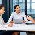 Home 21 비폭력 커뮤니케이션을 통한 위기 대처 전략 - A diverse group of professionals in a modern office setting engaged in a calm conflict resolution me...