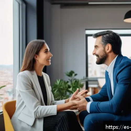 Home 32 비폭력 커뮤니케이션을 통한 공감 능력 향상 - A warm, inviting scene of two adult colleagues sitting in a modern Spanish office, engaging in activ...