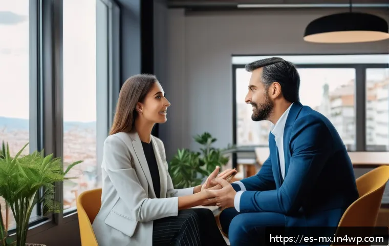 비폭력 커뮤니케이션을 통한 공감 능력 향상 - A warm, inviting scene of two adult colleagues sitting in a modern Spanish office, engaging in activ...