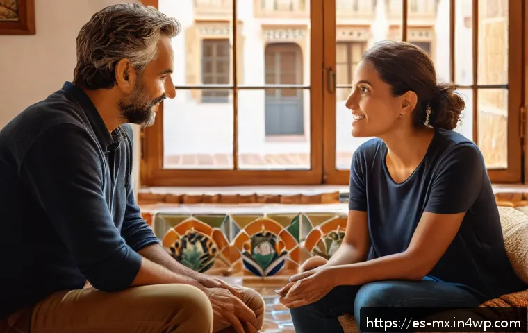 비폭력 커뮤니케이션의 기술적 측면 - A warm, inviting scene of two diverse adults engaging in active listening during a heartfelt convers...